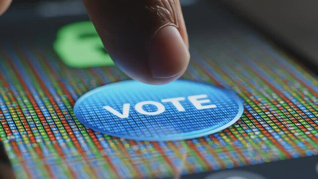 Finger pressing a digital vote button on a smartphone screen with visible pixels and security lock icon