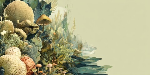 Colorful illustration of mushrooms and foliage art