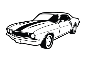 A classic black and white illustration of a vintage muscle car with two prominent racing stripes.
