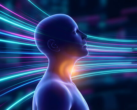 Human head profile with glowing throat and abstract light trails