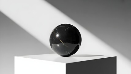 Black marble sphere on white pedestal - Perfect for gallery promotions.