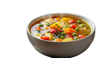 Two bowls of hot vegetable soup with visible steam and fresh ingredients on transparent background