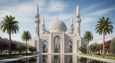 Beautiful White Mosque Reflecting in Water Under a Sunny Sky