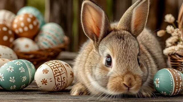 A cute bunny sits among beautifully decorated easter eggs, nestled in a rustic setting. the scene exudes a festive, springtime atmosphere, perfect for easter-themed designs, cards, and celebrations.