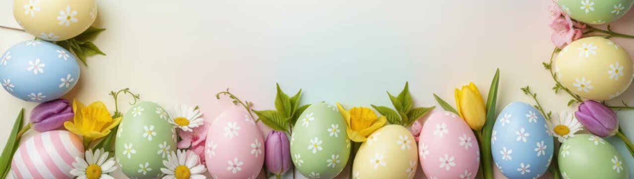 Pastel colored eggs and fresh spring flowers forming festive easter banner with copy space.
