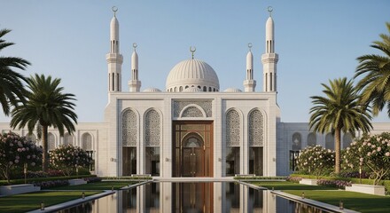 Elegant Mosque Architecture with Reflective Pool and Lush Greenery at Dusk