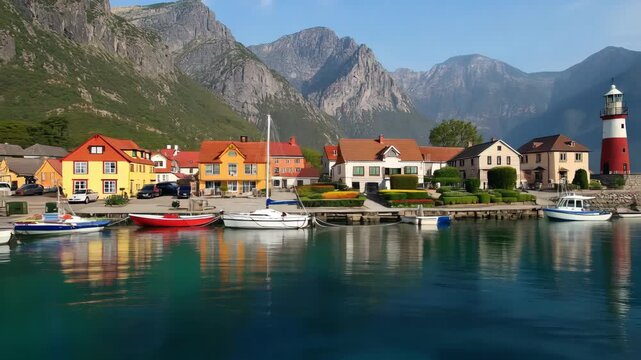 Idyllic Coastal Village Harbor Scene Vibrant Colorful Houses Calm Turquoise Water Reflecting Boats and Majestic Mountain Backdrop Serene European Landscape Peaceful Nautical Lifestyle