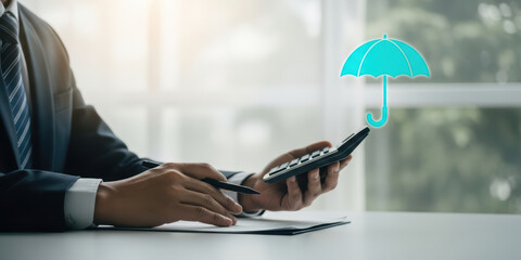 Businessman financial planning digital solution for family protection with policy coverage security safety and finance concept