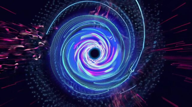 Abstract 4K cinematic stock video entangled quantum particles moving circular circuits, energy pulses flowing along glowing connection lines, sparks holographic flares intersections, neon cyan magenta
