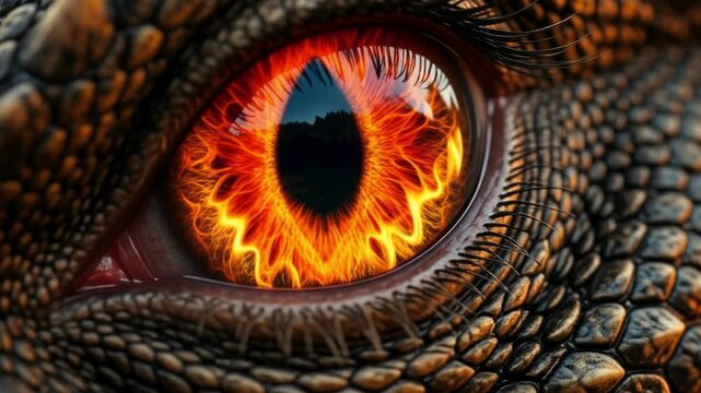 Extreme close up of scary dragon eye opening with fire flames reflection, cinematic fantasy monster awakening with glowing orange reptilian skin texture.