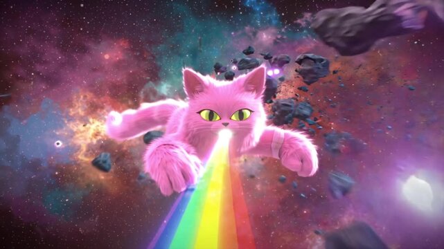 Cinematic 4K animation gigantic pink fluffy cat floating deep space, shooting rainbow laser beams glowing eyes among vibrant nebula clouds, sparkling stars distant galaxies, rainbow lasers reflect off