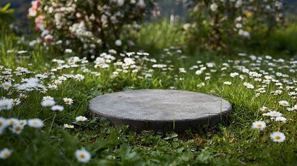 Round gray stone slab in a field of white daisies and green grass flowers