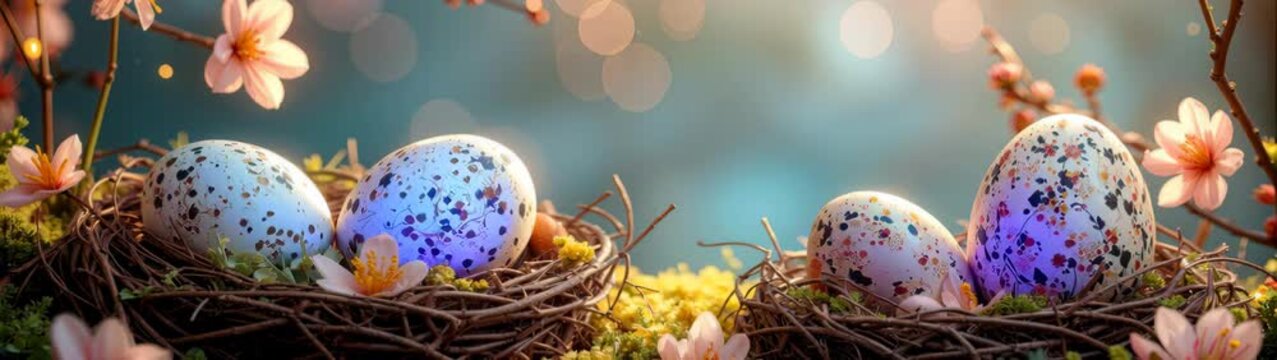 Speckled eggs in nests, symbolizing easter and spring, surrounded by delicate pink flowers.