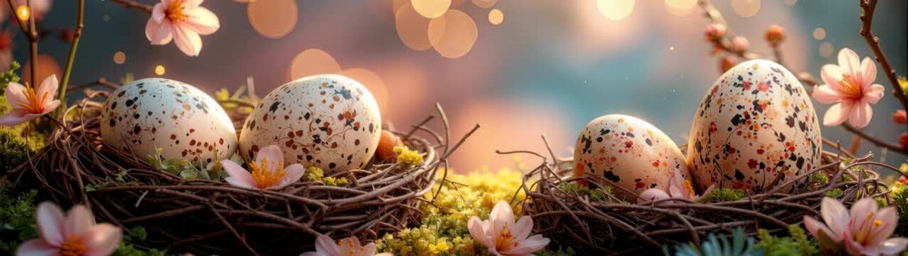 Speckled eggs in nests, symbolizing easter and spring, surrounded by delicate pink flowers.