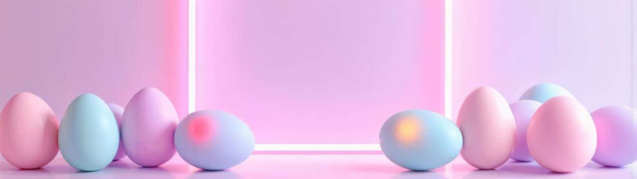 Pastel easter eggs lining a soft background with glowing neon frame, celebrating spring.