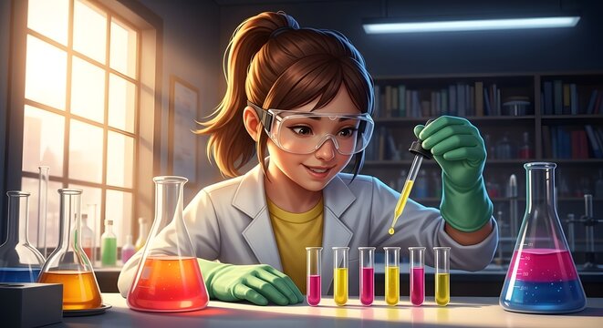 Cartoon girl in a lab coat working with colorful liquids in test tubes and beakers in a science laboratory