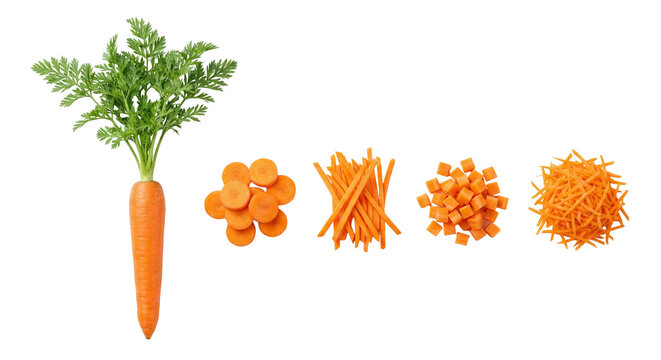 Top view of a fresh whole orange carrot with green leaves, alongside neat piles of chopped, sliced, diced, and shredded carrots, isolated on transparent background.
