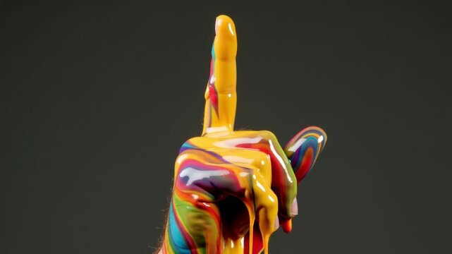 Cinematic 4K stock video, human hand covered flowing multicolored liquid paint, finger pressed lips silence gesture, paint dripping swirling dynamically hand movement, high-gloss reflections paint