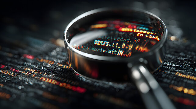 Magnifying glass examining computer code and data streams symbolizing cybersecurity investigation and digital forensics.