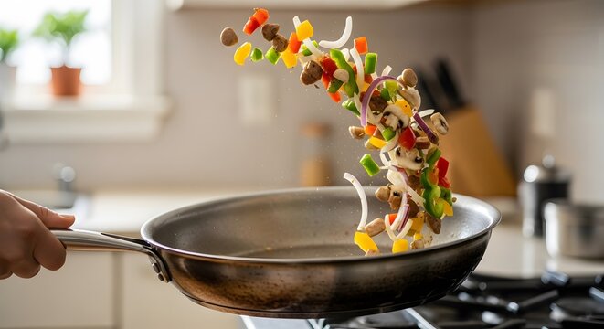 A person tossing a colorful mix of vegetables in a stainless steel frying pan on a stovetop in a modern kitchen