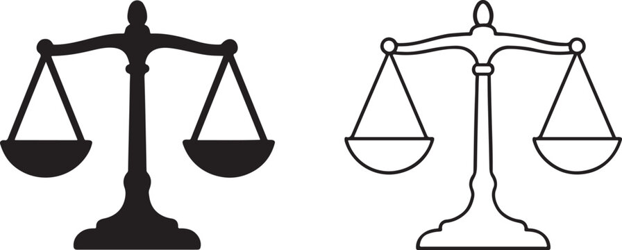 Balanced scales of justice vector icon. Law and legal balance symbol in bold and outline style.