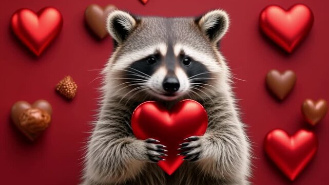 Cute raccoon character holding heart on red background with chocolates, funny animal mascot for fourteenth of february valentines day celebration.