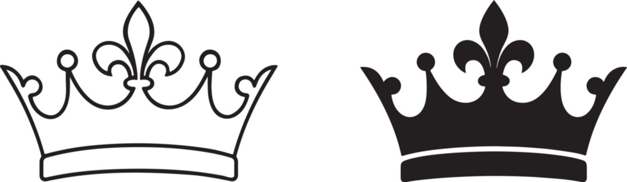 Elegant black crown vector icon. Royal silhouette and outline symbol for luxury design use.