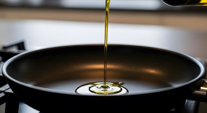 A stream of golden oil pouring into a black frying pan on a stovetop in a modern kitchen
