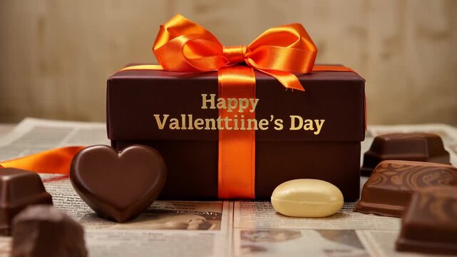Luxurious Valentine's Day chocolate gift box with orange ribbon and assorted chocolates heart shaped pralines on vintage newspaper background romantic celebration present sweet indulgence