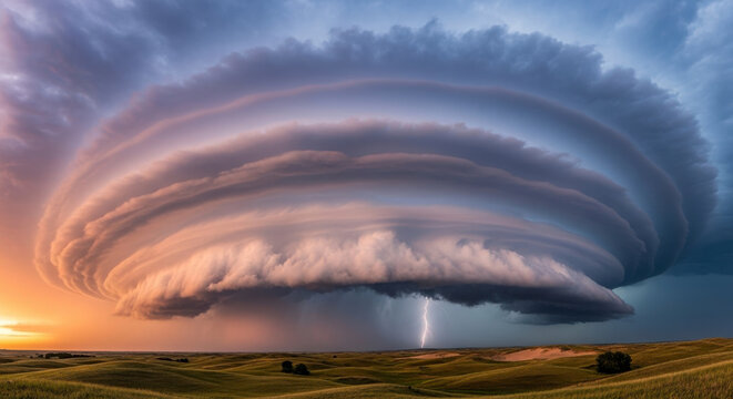 Dramatic stormy landscape with massive rolling thunderhead cloud