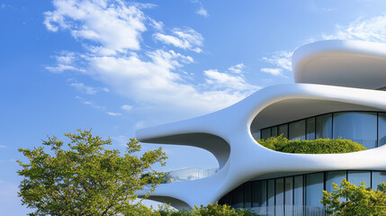 Fototapeta premium Futuristic architecture modern building curved white structure glass facade green rooftop garden blue sky sunny day contemporary design urban landscape innovative style