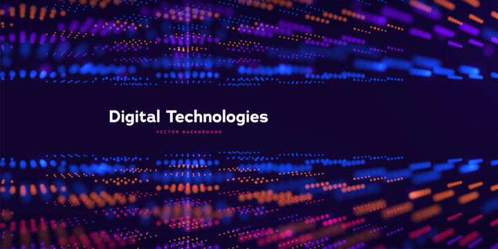 Futuristic Digital Technologies Background With Glowing Dots And Flowing Data Lines Representing Big Data, Innovation, And Modern Stack Architecture. Digital Technologies. Vector Illustration.