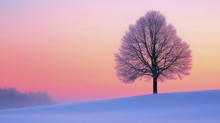 Bare tree winter snow sunrise colorful sky landscape tranquil nature frost silhouette bare tree stands alone snowy hill during sunrise with colorful sky creating tranquil winter landscape