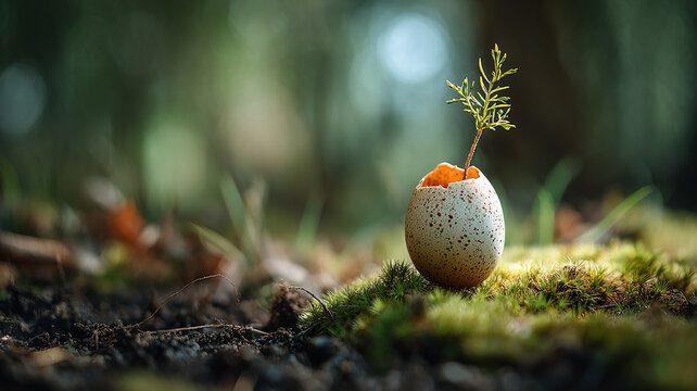 Green plant growing in dirt in a Eggshell. Save world concept.