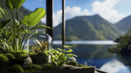 Lush green indoor plants glass terrarium natural sunlight tropical landscape serene lake mountain view peaceful atmosphere vibrant foliage eco friendly decor relaxation