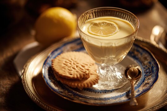 Lemon posset with shortbread biscuit, British traditional dessert
