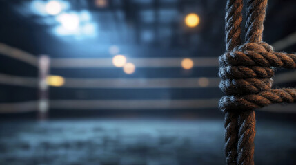 Vintage boxing ring with worn ropes dramatic lighting empty arena nostalgic atmosphere textured floor blurred background sports venue classic style moody ambiance competition