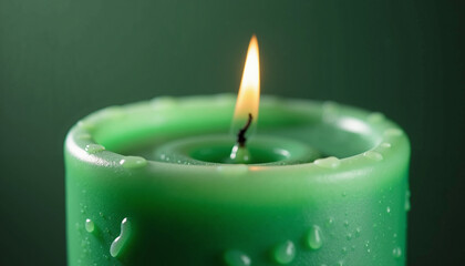 Green candle burning with warm light on dark background reflecting tranquility and calmness. Green candle's wax has melted slightly,