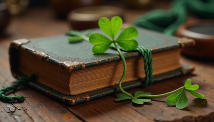 Vintage book with clover leaf on wooden table promoting St. Patrick's Day celebration. The antique book features green thread wrapped around it, with a fresh clover leaf adding charm. Ideal for St.