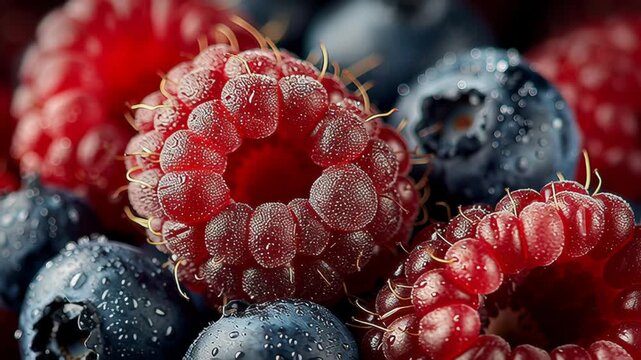 A close-up of fresh raspberries and blueberries covered in water droplets, showcasing vibrant colors and textures. ideal for themes of healthy eating, nature, summer fruits, and culinary art.