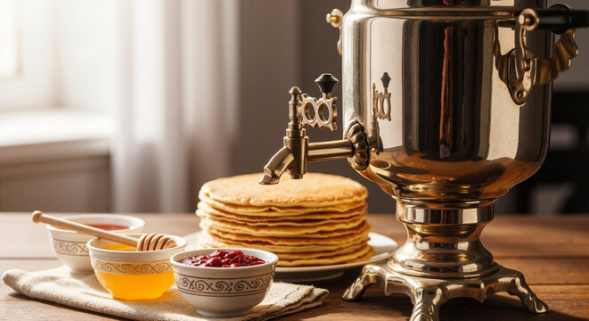 Traditional samovar with pancakes and accompaniments on wooden table  