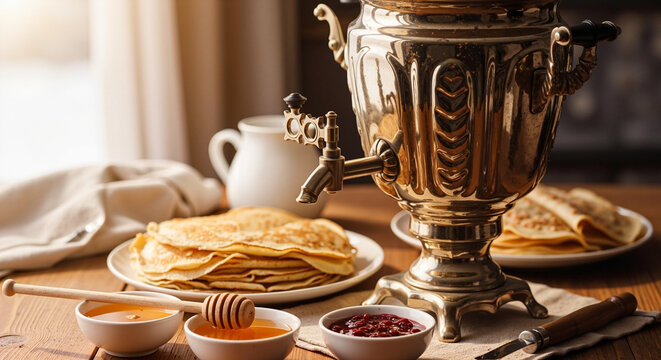 Traditional Russian samovar with pancakes and honey on wooden table  