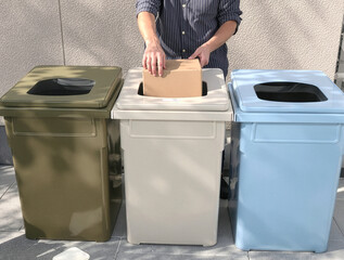 Hand disposing cardboard box into outdoor recycling bin