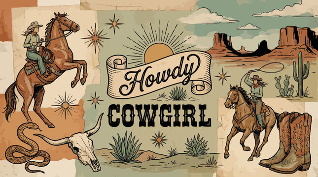 Howdy Cowgirl: Vintage western poster illustration of a horseback cowgirl in a desert landscape with cattle and cacti