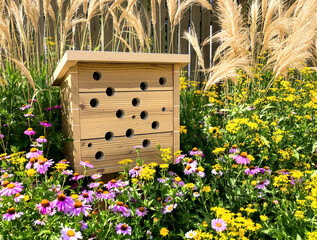 Wooden insect hotel in bright flower garden