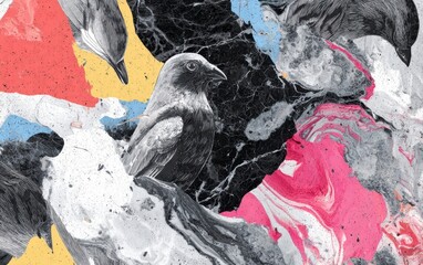 Artistic Bird Illustrations on Colorful Marble Background
