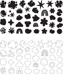 Collection of abstract organic shapes, stars, clouds, and rainbows in solid and outline forms