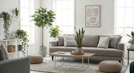 Naklejka premium Bright modern living room with indoor plants