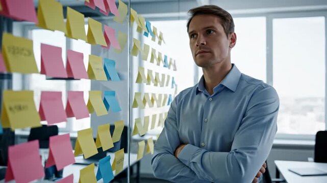 Focused businessman brainstorming and managing project tasks on a glass wall with colorful sticky notes, feeling the pressure of deadlines and the complexity of multitasking in a modern office