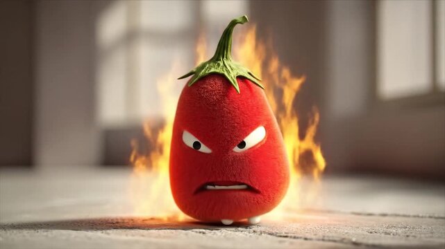 Animated red chili pepper character engulfed in flames indoor studio